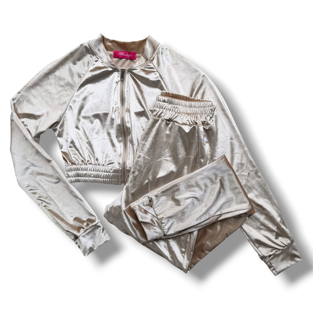 Mundefeis Women's S Champagne Gold Velvet Cropped Zip Jacket Pants Tracksuit Set